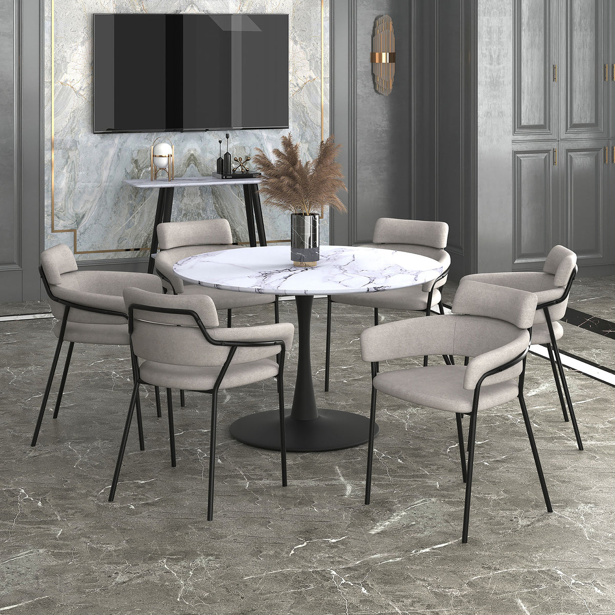 Table à manger ronde à piédestal 48 po | Zilo - MARBRE FAUX BLANC/NOIR | World Wide