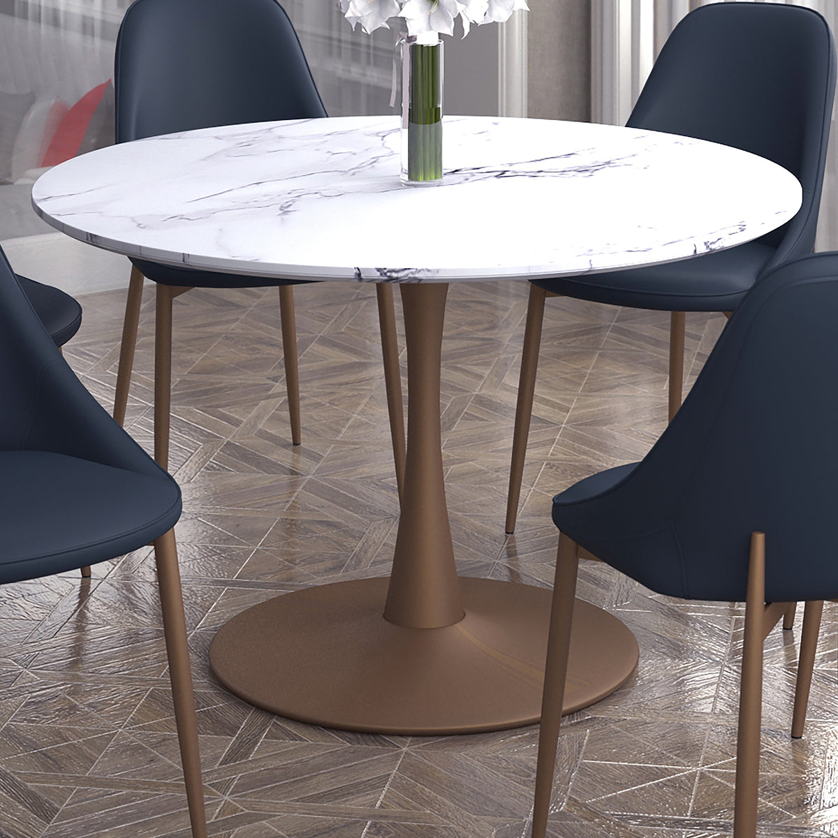 Table à manger ronde à piédestal 48 po | Zilo - MARBRE FAUX BLANC/OR VIEILLI | World Wide