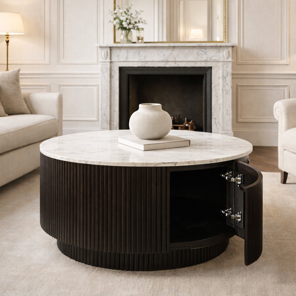 Table basse ronde avec rangement Reyna – fini Noir / Blanc | World Wide