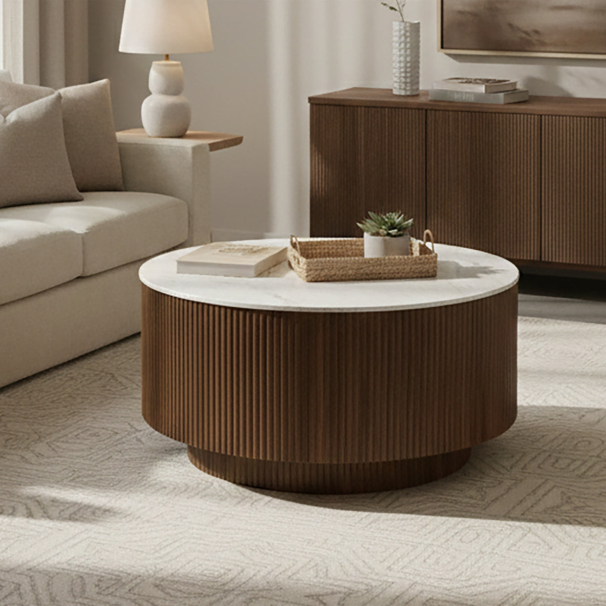 Table basse ronde avec rangement Reyna – fini Noyer / Blanc | World Wide