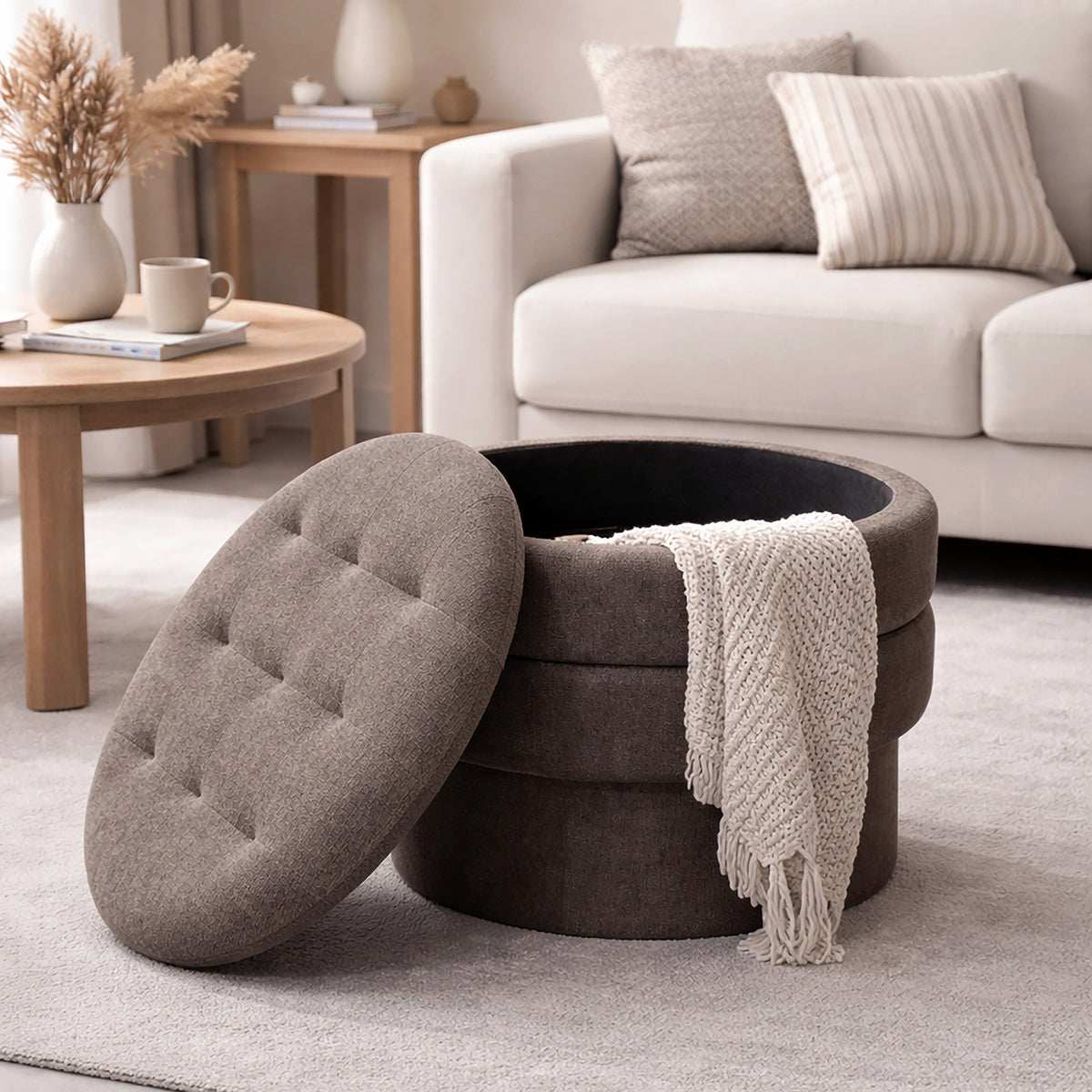 Ottomane de rangement ronde Kepler – fini CHARBON CHAUD | World Wide