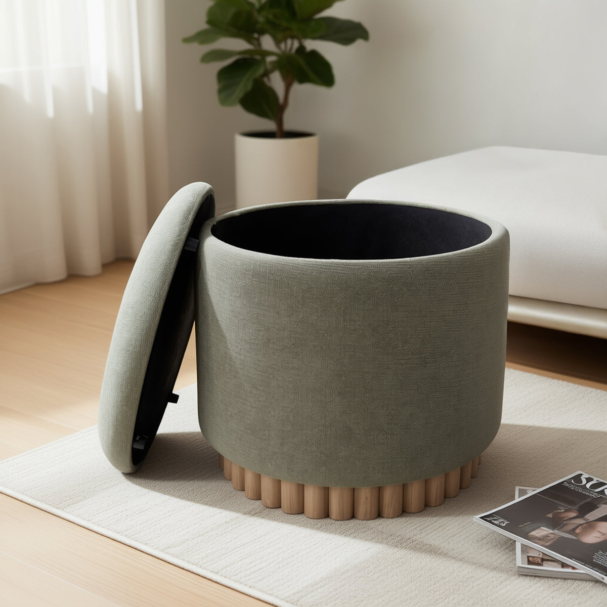 Ottomane de rangement ronde Sadie – fini VERT MOUSSE/NATUREL | World Wide