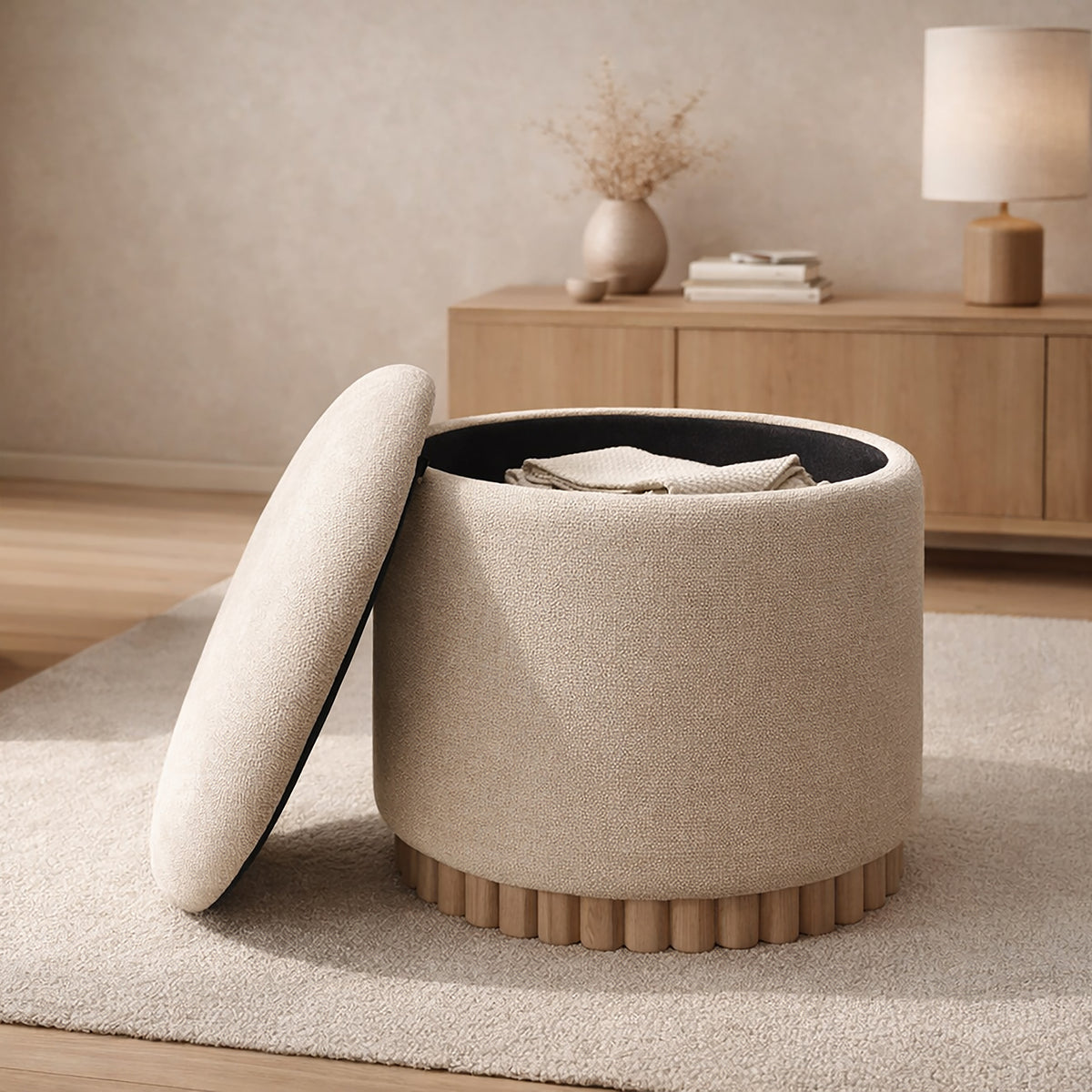 Ottomane de rangement ronde Sadie – fini AVOINE/NATUREL | World Wide