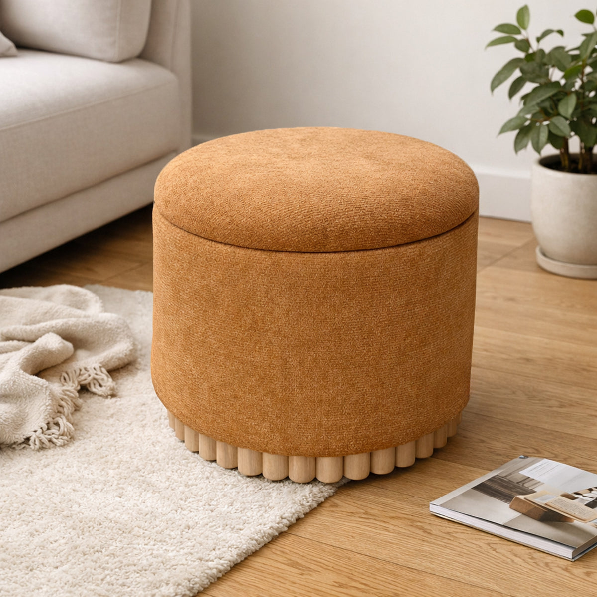 Ottomane de rangement ronde Sadie – fini ROUILLER/NATUREL | World Wide