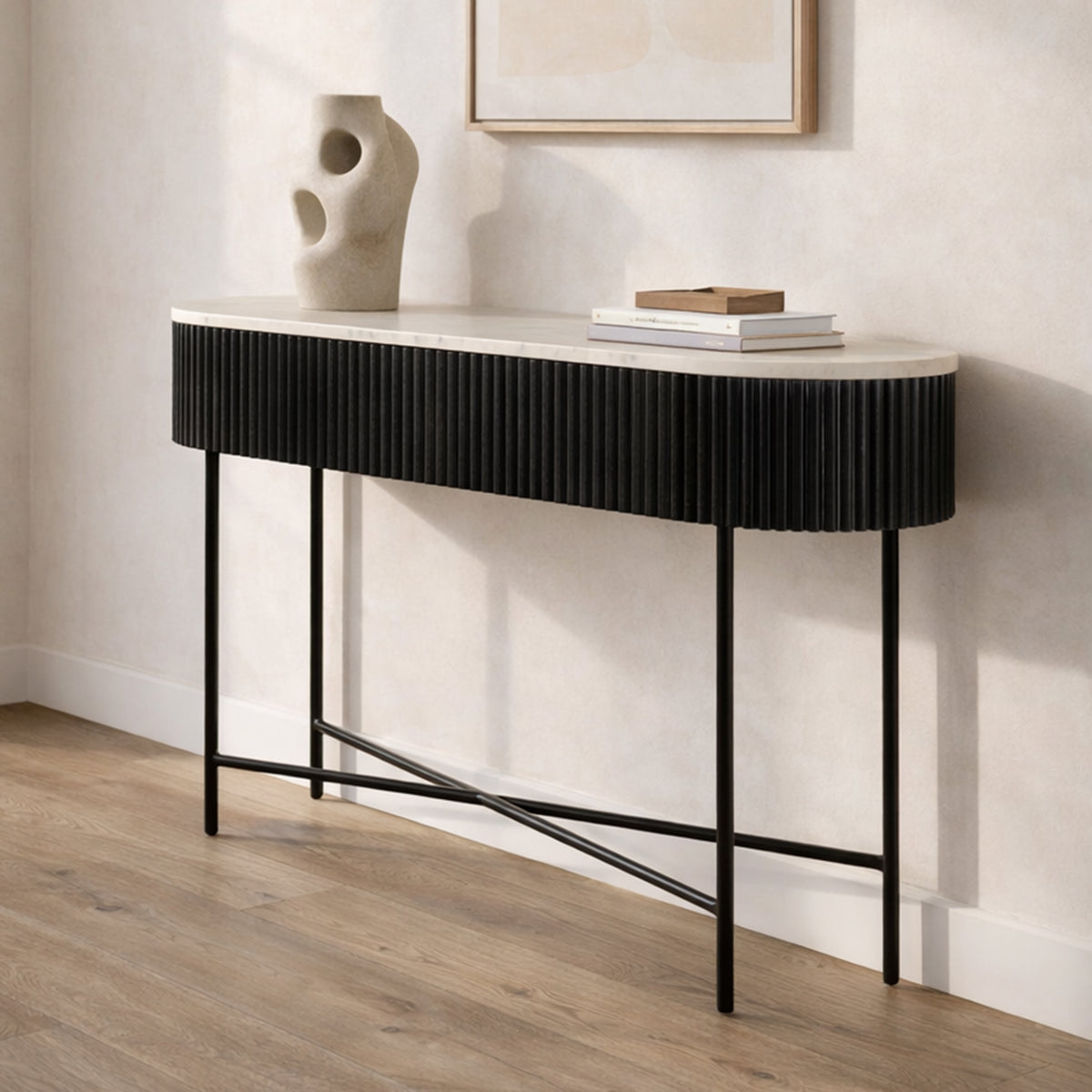 Console ovale avec 2 tiroirs Reyna – fini NOIR/BLANC | World Wide
