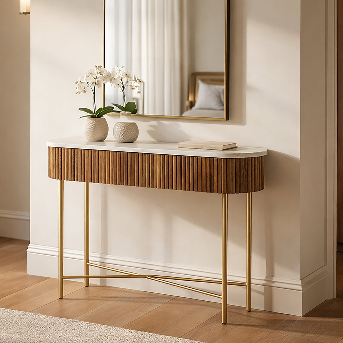 Console ovale avec 2 tiroirs Reyna – fini NOYER/BLANC | World Wide