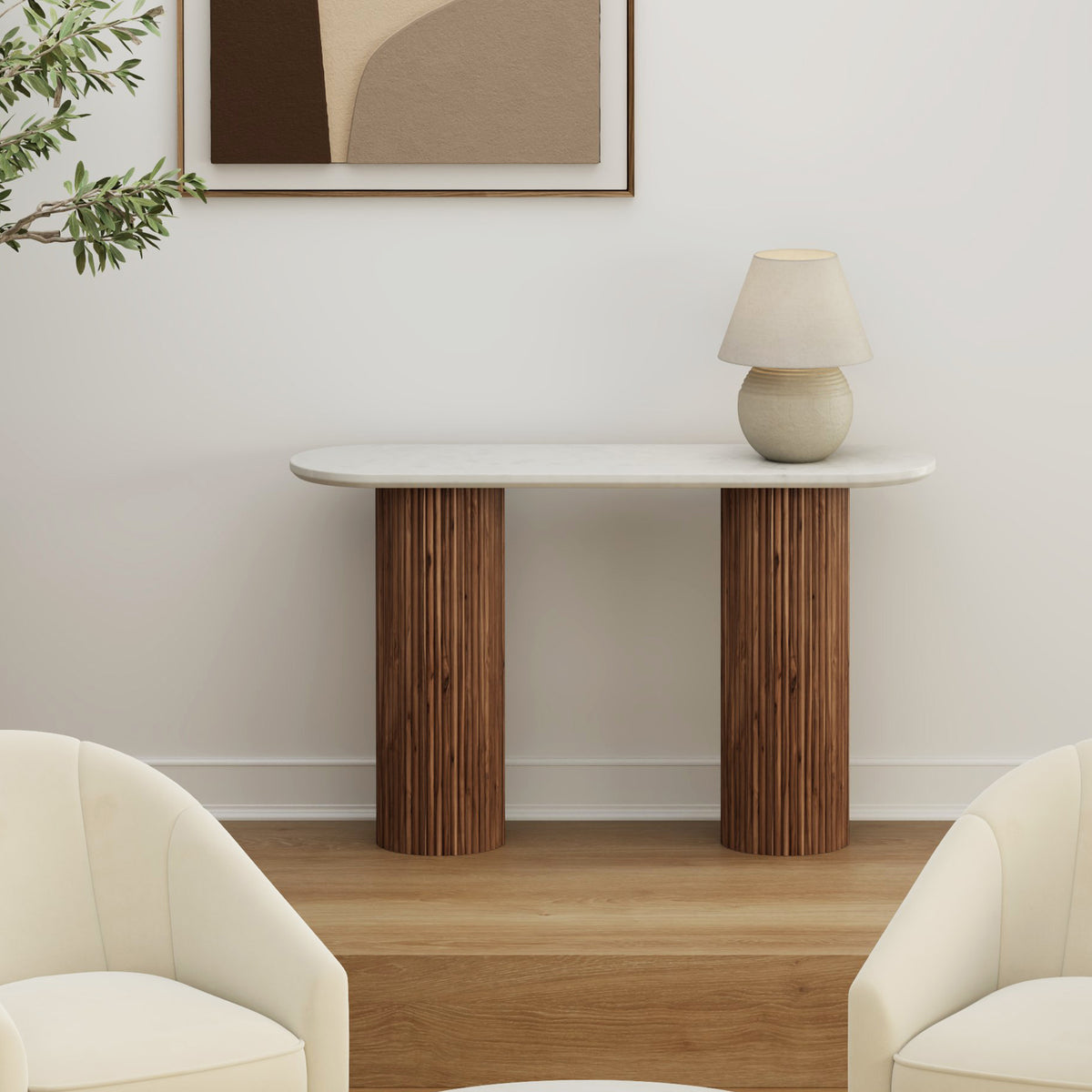 Console ovale en bois et marbre Jilsa – fini NOYER/BLANC | World Wide