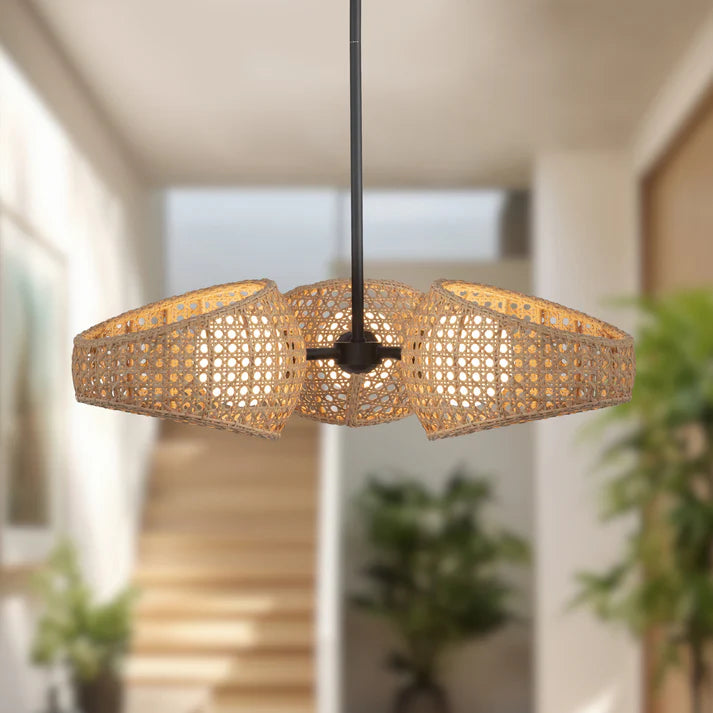 Lustre DEL à 3 globes noir et rotin | Lanai