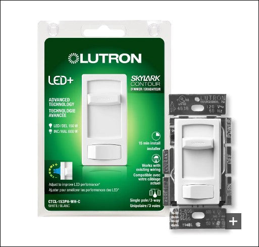 Gradateur Skylark Contour LED+ pour ampoules à DEL/halo/incand, unipolaire/3 voies, blanc - CTCL-153PH-W | LUTRON
